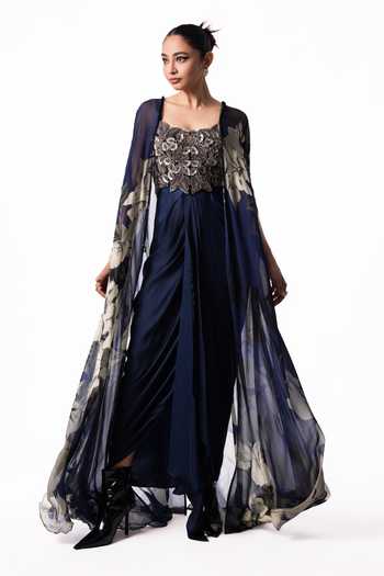 Nupur Kanoi Printed Chiffon Slit Cape With Draped Dress