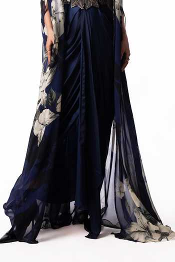 Shop Nupur Kanoi Blue Organza, Crepe, Satin, Lycra Printed Chiffon Slit Cape With Draped Dress Online at Aza Fashions Shop_Nupur Kanoi_Blue Organza, Crepe, Satin, Lycra Printed Chiffon Slit Cape With Draped Dress _Online_at_Aza_Fashions