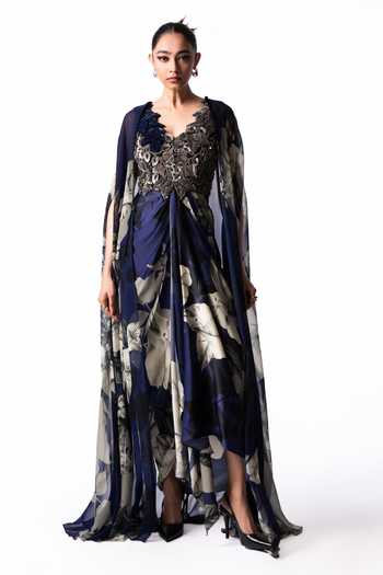 Nupur Kanoi Printed Cape With Draped Dress