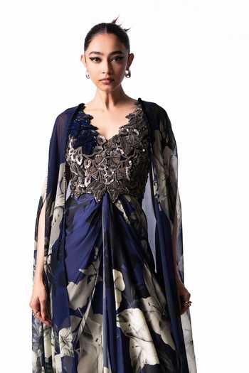 Nupur Kanoi Blue Organza, Crepe, Satin, Lycra V-neck Printed Cape With Draped Dress Online at Aza Fashions Nupur Kanoi_Blue Organza, Crepe, Satin, Lycra V-neck Printed Cape With Draped Dress _Online_at_Aza_Fashions