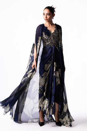 Buy Nupur Kanoi Blue Organza, Crepe, Satin, Lycra V-neck Printed Cape With Draped Dress Online at Aza Fashions Buy_Nupur Kanoi_Blue Organza, Crepe, Satin, Lycra V-neck Printed Cape With Draped Dress _Online_at_Aza_Fashions