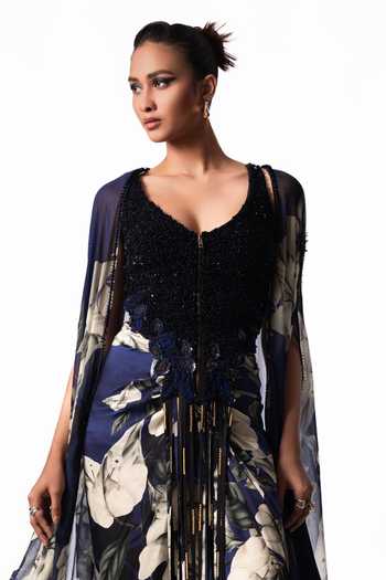 Shop Nupur Kanoi Blue Chiffon, Crepe, Satin Sequins, Beads, Printed Slit Cape With Skirt Set Online at Aza Fashions Shop_Nupur Kanoi_Blue Chiffon, Crepe, Satin Sequins, Beads, Printed Slit Cape With Skirt Set _Online_at_Aza_Fashions