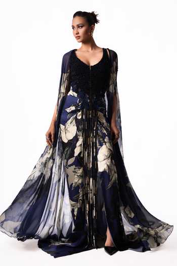 Nupur Kanoi Printed Chiffon Slit Cape With Skirt Set