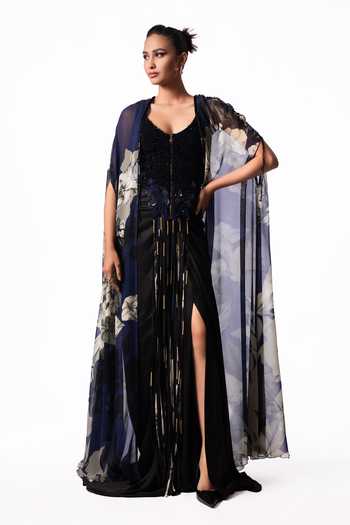 Nupur Kanoi Blue Chiffon, Crepe, Satin Sequins, Printed Slit Cape With Trail Skirt Set Online at Aza Fashions Nupur Kanoi_Blue Chiffon, Crepe, Satin Sequins, Printed Slit Cape With Trail Skirt Set _Online_at_Aza_Fashions