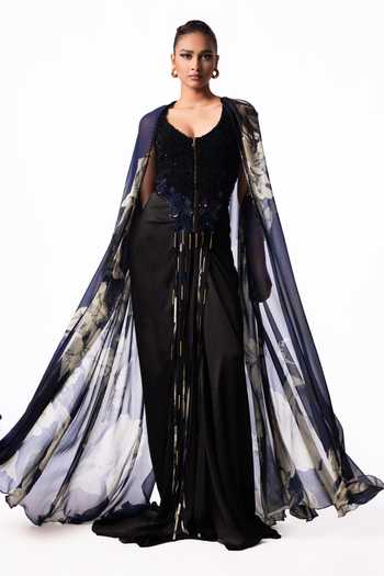 Nupur Kanoi Printed Chiffon Slit Cape With Trail Skirt Set