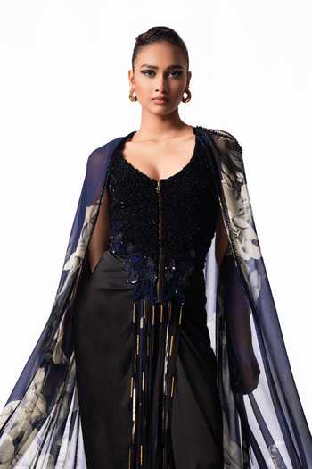 Buy Nupur Kanoi Blue Chiffon, Crepe, Satin Sequins, Printed Slit Cape With Trail Skirt Set Online at Aza Fashions Buy_Nupur Kanoi_Blue Chiffon, Crepe, Satin Sequins, Printed Slit Cape With Trail Skirt Set _Online_at_Aza_Fashions