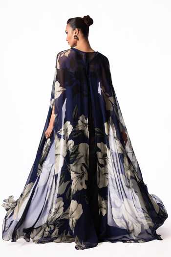Nupur Kanoi Printed Chiffon Slit Cape With Trail Skirt Set