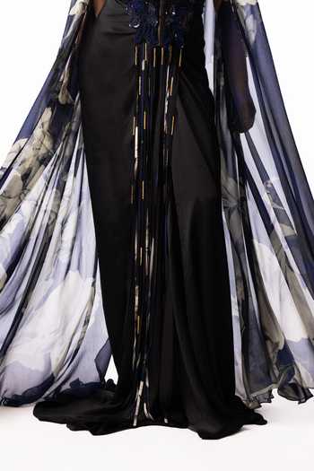 Shop Nupur Kanoi Blue Chiffon, Crepe, Satin Sequins, Printed Slit Cape With Trail Skirt Set Online at Aza Fashions Shop_Nupur Kanoi_Blue Chiffon, Crepe, Satin Sequins, Printed Slit Cape With Trail Skirt Set _Online_at_Aza_Fashions