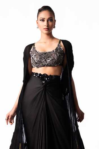 Nupur Kanoi Black Chiffon, Crepe, Lycra, Satin Open Neck Crushed Jacket With Knot Skirt Set Online at Aza Fashions Nupur Kanoi_Black Chiffon, Crepe, Lycra, Satin Open Neck Crushed Jacket With Knot Skirt Set _Online_at_Aza_Fashions