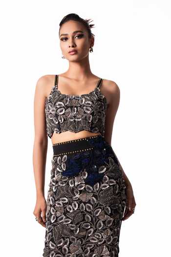 Nupur Kanoi Silver Crepe, Lycra Scoop Neck Embroidered Bustier With Feather Pencil Skirt Online at Aza Fashions Nupur Kanoi_Silver Crepe, Lycra Scoop Neck Embroidered Bustier With Feather Pencil Skirt _Online_at_Aza_Fashions