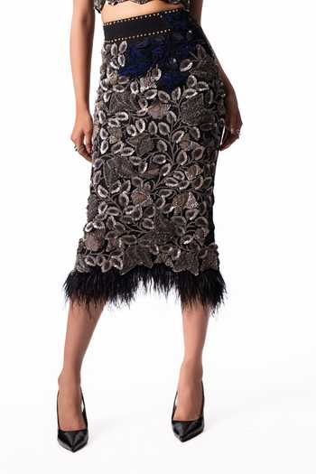 Buy Nupur Kanoi Silver Crepe, Lycra Scoop Neck Embroidered Bustier With Feather Pencil Skirt Online at Aza Fashions Buy_Nupur Kanoi_Silver Crepe, Lycra Scoop Neck Embroidered Bustier With Feather Pencil Skirt _Online_at_Aza_Fashions