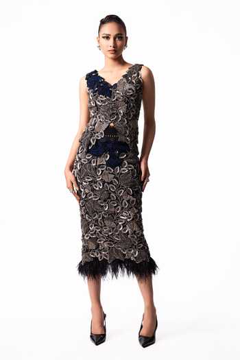 Nupur Kanoi_Silver Crepe, Lycra V-neck Embroidered Bougain Top And Pencil Skirt Set _Online_at_Aza_Fashions
