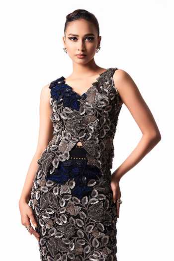 Buy_Nupur Kanoi_Silver Crepe, Lycra V-neck Embroidered Bougain Top And Pencil Skirt Set _Online_at_Aza_Fashions
