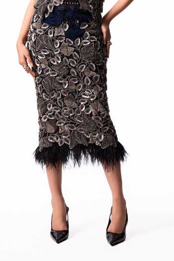 Shop_Nupur Kanoi_Silver Crepe, Lycra V-neck Embroidered Bougain Top And Pencil Skirt Set _Online_at_Aza_Fashions