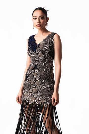 Buy Nupur Kanoi Silver Crepe, Lycra V-neck Embroidered Bougain Top With Sequin Mini Skirt Online at Aza Fashions Buy_Nupur Kanoi_Silver Crepe, Lycra V-neck Embroidered Bougain Top With Sequin Mini Skirt _Online_at_Aza_Fashions