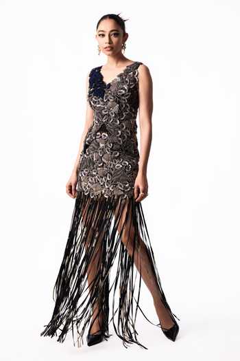 Shop Nupur Kanoi Silver Crepe, Lycra V-neck Embroidered Bougain Top With Sequin Mini Skirt Online at Aza Fashions Shop_Nupur Kanoi_Silver Crepe, Lycra V-neck Embroidered Bougain Top With Sequin Mini Skirt _Online_at_Aza_Fashions