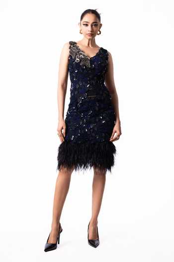 Nupur Kanoi Blue Crepe, Lycra V-neck Embroidered Bougain Top With Sequin Feather Skirt Online at Aza Fashions Nupur Kanoi_Blue Crepe, Lycra V-neck Embroidered Bougain Top With Sequin Feather Skirt _Online_at_Aza_Fashions
