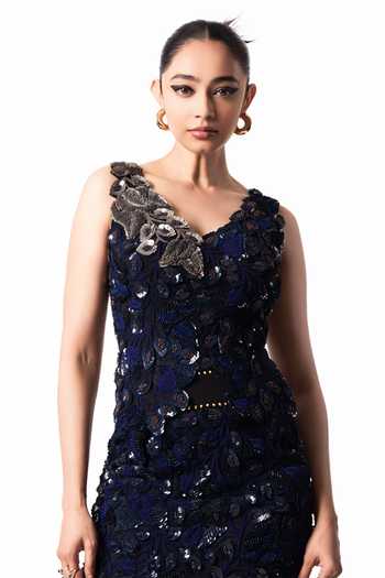 Buy Nupur Kanoi Blue Crepe, Lycra V-neck Embroidered Bougain Top With Sequin Feather Skirt Online at Aza Fashions Buy_Nupur Kanoi_Blue Crepe, Lycra V-neck Embroidered Bougain Top With Sequin Feather Skirt _Online_at_Aza_Fashions
