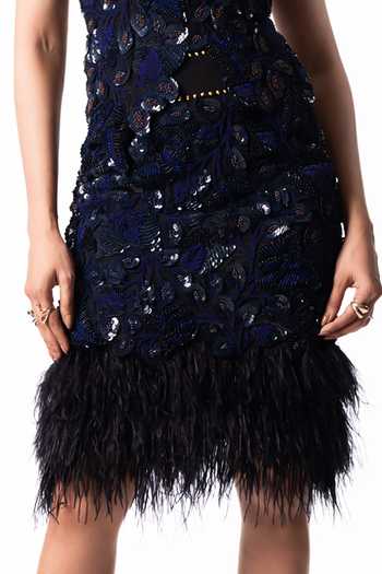 Shop Nupur Kanoi Blue Crepe, Lycra V-neck Embroidered Bougain Top With Sequin Feather Skirt Online at Aza Fashions Shop_Nupur Kanoi_Blue Crepe, Lycra V-neck Embroidered Bougain Top With Sequin Feather Skirt _Online_at_Aza_Fashions