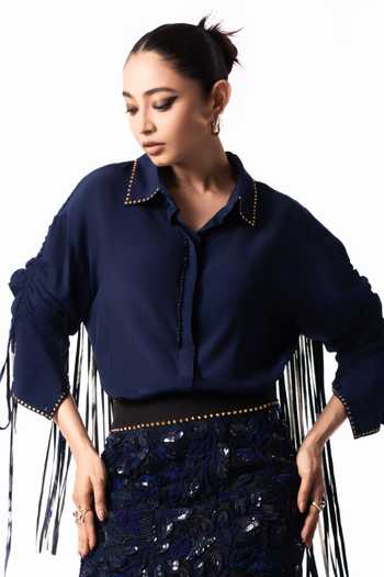Nupur Kanoi Blue Crepe, Lycra Collared Neck Studded Drawstring Shirt And Pencil Skirt Set Online at Aza Fashions Nupur Kanoi_Blue Crepe, Lycra Collared Neck Studded Drawstring Shirt And Pencil Skirt Set _Online_at_Aza_Fashions