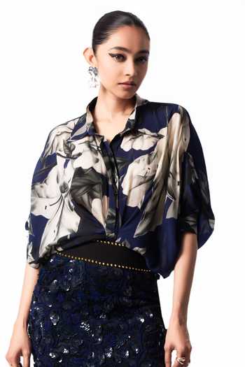 Nupur Kanoi Blue Crepe, Lycra Collared Neck Studded Peplum Shirt With Pencil Skirt Online at Aza Fashions Nupur Kanoi_Blue Crepe, Lycra Collared Neck Studded Peplum Shirt With Pencil Skirt _Online_at_Aza_Fashions