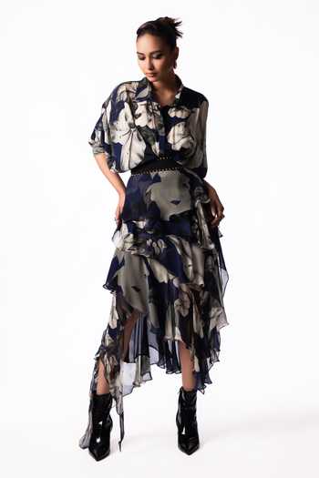 Nupur Kanoi Studded Peplum Shirt With Printed Ruffle Skirt