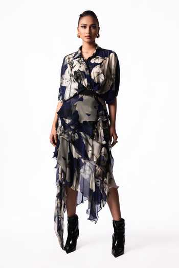 Nupur Kanoi Blue Crepe, Chiffon Collared Neck Studded Peplum Shirt With Printed Ruffle Skirt Online at Aza Fashions Nupur Kanoi_Blue Crepe, Chiffon Collared Neck Studded Peplum Shirt With Printed Ruffle Skirt _Online_at_Aza_Fashions