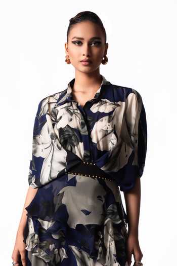 Buy Nupur Kanoi Blue Crepe, Chiffon Collared Neck Studded Peplum Shirt With Printed Ruffle Skirt Online at Aza Fashions Buy_Nupur Kanoi_Blue Crepe, Chiffon Collared Neck Studded Peplum Shirt With Printed Ruffle Skirt _Online_at_Aza_Fashions
