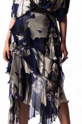 Shop Nupur Kanoi Blue Crepe, Chiffon Collared Neck Studded Peplum Shirt With Printed Ruffle Skirt Online at Aza Fashions Shop_Nupur Kanoi_Blue Crepe, Chiffon Collared Neck Studded Peplum Shirt With Printed Ruffle Skirt _Online_at_Aza_Fashions