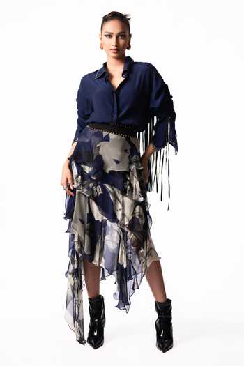 Nupur Kanoi Studded Drawstring Shirt With Printed Ruffle Skirt