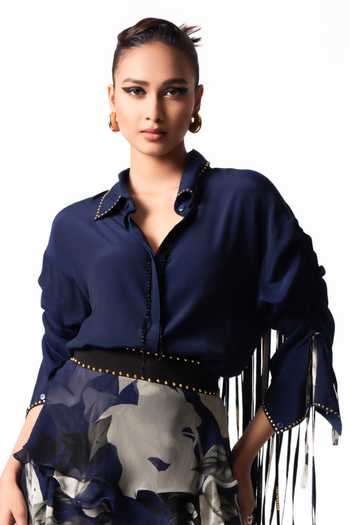 Nupur Kanoi Blue Crepe, Chiffon Collared Studded Drawstring Shirt With Printed Ruffle Skirt Online at Aza Fashions Nupur Kanoi_Blue Crepe, Chiffon Collared Studded Drawstring Shirt With Printed Ruffle Skirt _Online_at_Aza_Fashions