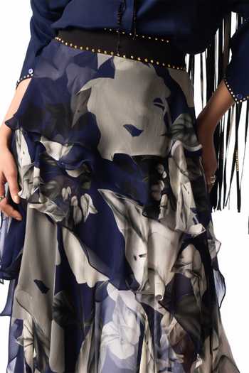 Buy Nupur Kanoi Blue Crepe, Chiffon Collared Studded Drawstring Shirt With Printed Ruffle Skirt Online at Aza Fashions Buy_Nupur Kanoi_Blue Crepe, Chiffon Collared Studded Drawstring Shirt With Printed Ruffle Skirt _Online_at_Aza_Fashions