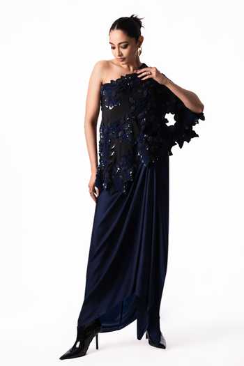 Nupur Kanoi Black Crepe, Satin, Lycra One Shoulder Cape With Side Knot Skirt Online at Aza Fashions Nupur Kanoi_Black Crepe, Satin, Lycra One Shoulder Cape With Side Knot Skirt _Online_at_Aza_Fashions
