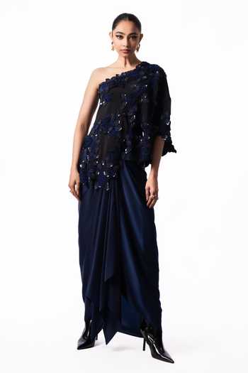 Shop Nupur Kanoi Black Crepe, Satin, Lycra One Shoulder Cape With Side Knot Skirt Online at Aza Fashions Shop_Nupur Kanoi_Black Crepe, Satin, Lycra One Shoulder Cape With Side Knot Skirt _Online_at_Aza_Fashions