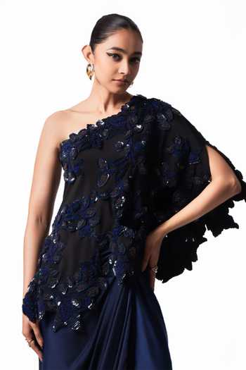 Nupur Kanoi Black Crepe, Satin, Lycra One Shoulder Cape With Side Knot Skirt at Aza Fashions Nupur Kanoi_Black Crepe, Satin, Lycra One Shoulder Cape With Side Knot Skirt _at_Aza_Fashions