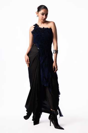 Nupur Kanoi Blue Crepe, Chiffon, Lycra, Satin One Sequin Fur Top With Front Knot Skirt Online at Aza Fashions Nupur Kanoi_Blue Crepe, Chiffon, Lycra, Satin One Sequin Fur Top With Front Knot Skirt _Online_at_Aza_Fashions
