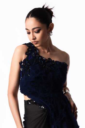 Shop Nupur Kanoi Blue Crepe, Chiffon, Lycra, Satin One Sequin Fur Top With Front Knot Skirt Online at Aza Fashions Shop_Nupur Kanoi_Blue Crepe, Chiffon, Lycra, Satin One Sequin Fur Top With Front Knot Skirt _Online_at_Aza_Fashions