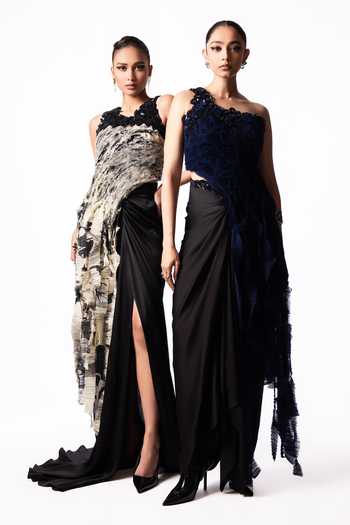 Nupur Kanoi Blue Crepe, Chiffon, Lycra, Satin One Sequin Fur Top With Front Knot Skirt at Aza Fashions Nupur Kanoi_Blue Crepe, Chiffon, Lycra, Satin One Sequin Fur Top With Front Knot Skirt _at_Aza_Fashions