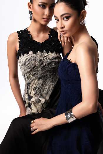 Buy Nupur Kanoi Blue Crepe, Chiffon, Lycra, Satin One Sequin Fur Top With Front Knot Skirt Buy_Nupur Kanoi_Blue Crepe, Chiffon, Lycra, Satin One Sequin Fur Top With Front Knot Skirt