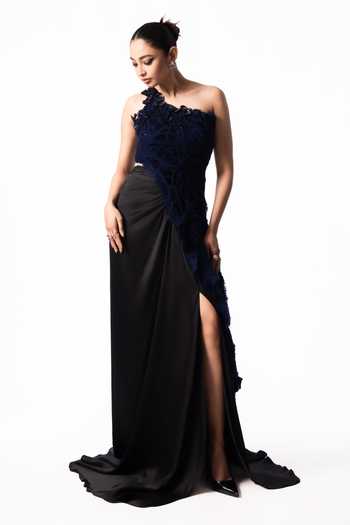 Nupur Kanoi Blue Crepe, Chiffon, Lycra, Satin One Shoulder Sequin Fur Top With Trail Skirt Online at Aza Fashions Nupur Kanoi_Blue Crepe, Chiffon, Lycra, Satin One Shoulder Sequin Fur Top With Trail Skirt _Online_at_Aza_Fashions