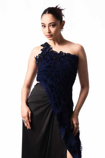 Shop Nupur Kanoi Blue Crepe, Chiffon, Lycra, Satin One Shoulder Sequin Fur Top With Trail Skirt Online at Aza Fashions Shop_Nupur Kanoi_Blue Crepe, Chiffon, Lycra, Satin One Shoulder Sequin Fur Top With Trail Skirt _Online_at_Aza_Fashions