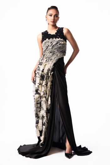Nupur Kanoi Printed Yoke Fur Top With Trail Skirt