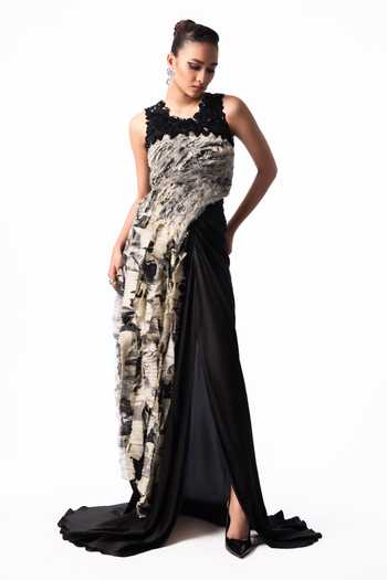 Nupur Kanoi Black Crepe, Chiffon, Lycra, Satin High Printed Yoke Fur Top With Trail Skirt Online at Aza Fashions Nupur Kanoi_Black Crepe, Chiffon, Lycra, Satin High Printed Yoke Fur Top With Trail Skirt _Online_at_Aza_Fashions