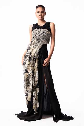 Buy Nupur Kanoi Black Crepe, Chiffon, Lycra, Satin High Printed Yoke Fur Top With Trail Skirt Online at Aza Fashions Buy_Nupur Kanoi_Black Crepe, Chiffon, Lycra, Satin High Printed Yoke Fur Top With Trail Skirt _Online_at_Aza_Fashions