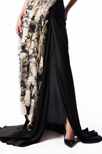 Shop Nupur Kanoi Black Crepe, Chiffon, Lycra, Satin High Printed Yoke Fur Top With Trail Skirt Online at Aza Fashions Shop_Nupur Kanoi_Black Crepe, Chiffon, Lycra, Satin High Printed Yoke Fur Top With Trail Skirt _Online_at_Aza_Fashions