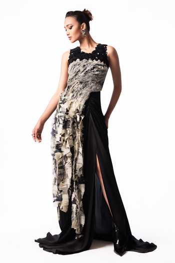 Nupur Kanoi Black Crepe, Chiffon, Lycra, Satin High Printed Yoke Fur Top With Trail Skirt at Aza Fashions Nupur Kanoi_Black Crepe, Chiffon, Lycra, Satin High Printed Yoke Fur Top With Trail Skirt _at_Aza_Fashions