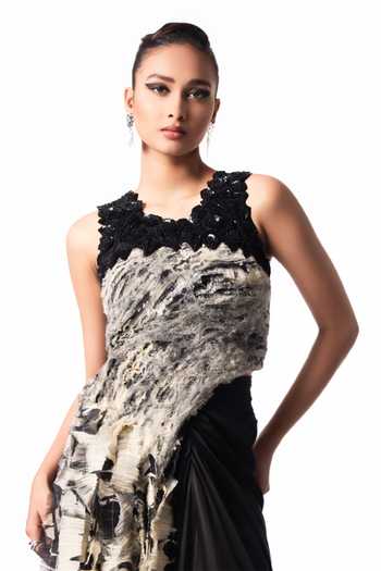 Buy Nupur Kanoi Black Crepe, Chiffon, Lycra, Satin High Printed Yoke Fur Top With Trail Skirt Buy_Nupur Kanoi_Black Crepe, Chiffon, Lycra, Satin High Printed Yoke Fur Top With Trail Skirt
