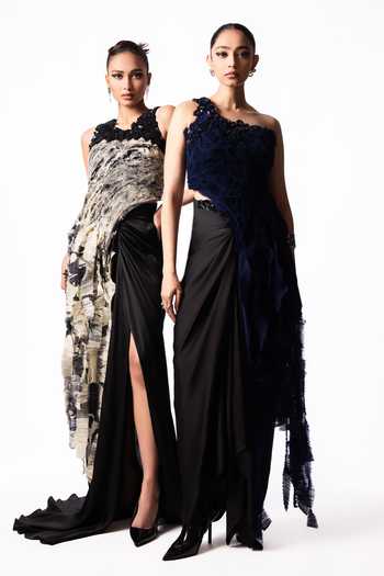 Shop Nupur Kanoi Black Crepe, Chiffon, Lycra, Satin High Printed Yoke Fur Top With Trail Skirt Shop_Nupur Kanoi_Black Crepe, Chiffon, Lycra, Satin High Printed Yoke Fur Top With Trail Skirt