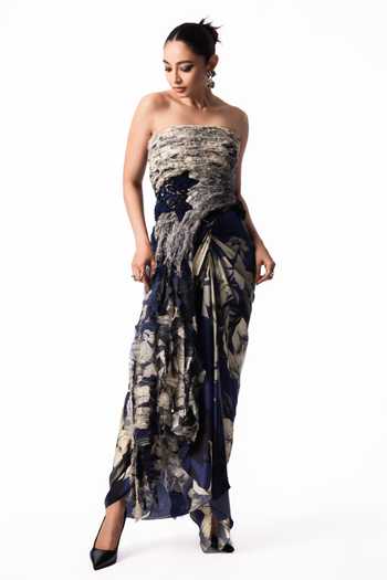 Nupur Kanoi Off White Crepe, Chiffon, Lycra, Printed Tube Fur Top With Front Knot Skirt Online at Aza Fashions Nupur Kanoi_Off White Crepe, Chiffon, Lycra, Printed Tube Fur Top With Front Knot Skirt _Online_at_Aza_Fashions