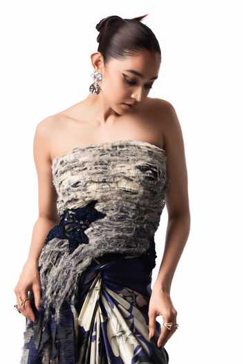 Shop Nupur Kanoi Off White Crepe, Chiffon, Lycra, Printed Tube Fur Top With Front Knot Skirt Online at Aza Fashions Shop_Nupur Kanoi_Off White Crepe, Chiffon, Lycra, Printed Tube Fur Top With Front Knot Skirt _Online_at_Aza_Fashions